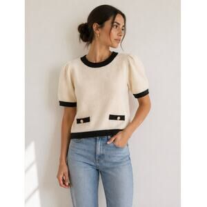 English Factory Cream Puff Sleeve Sweater Top Black Trim Gold M